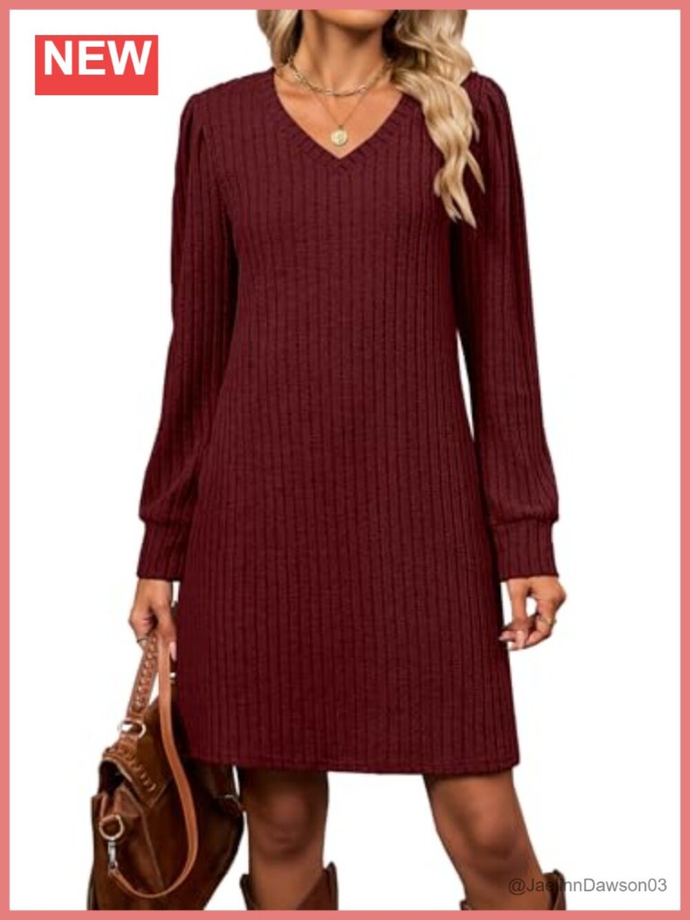 Womens Long Sleeve Ribbed Knit Sweater Dress with Pockets V-Neck A-Line Knee